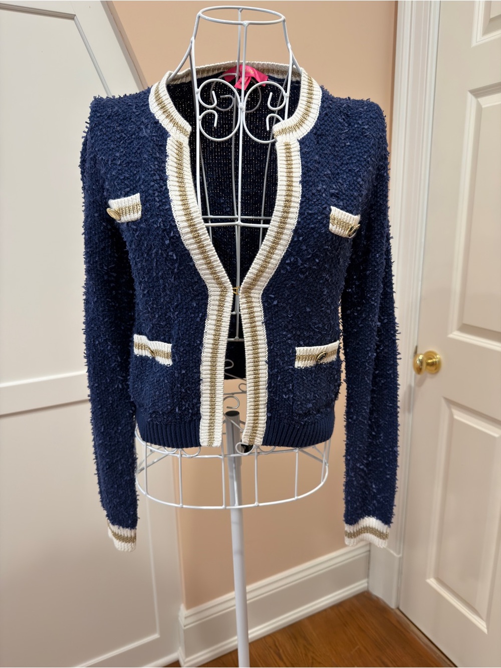 Lilly Pulitzer Navy Bouclé Open-Front Cardigan with Contrast Trim